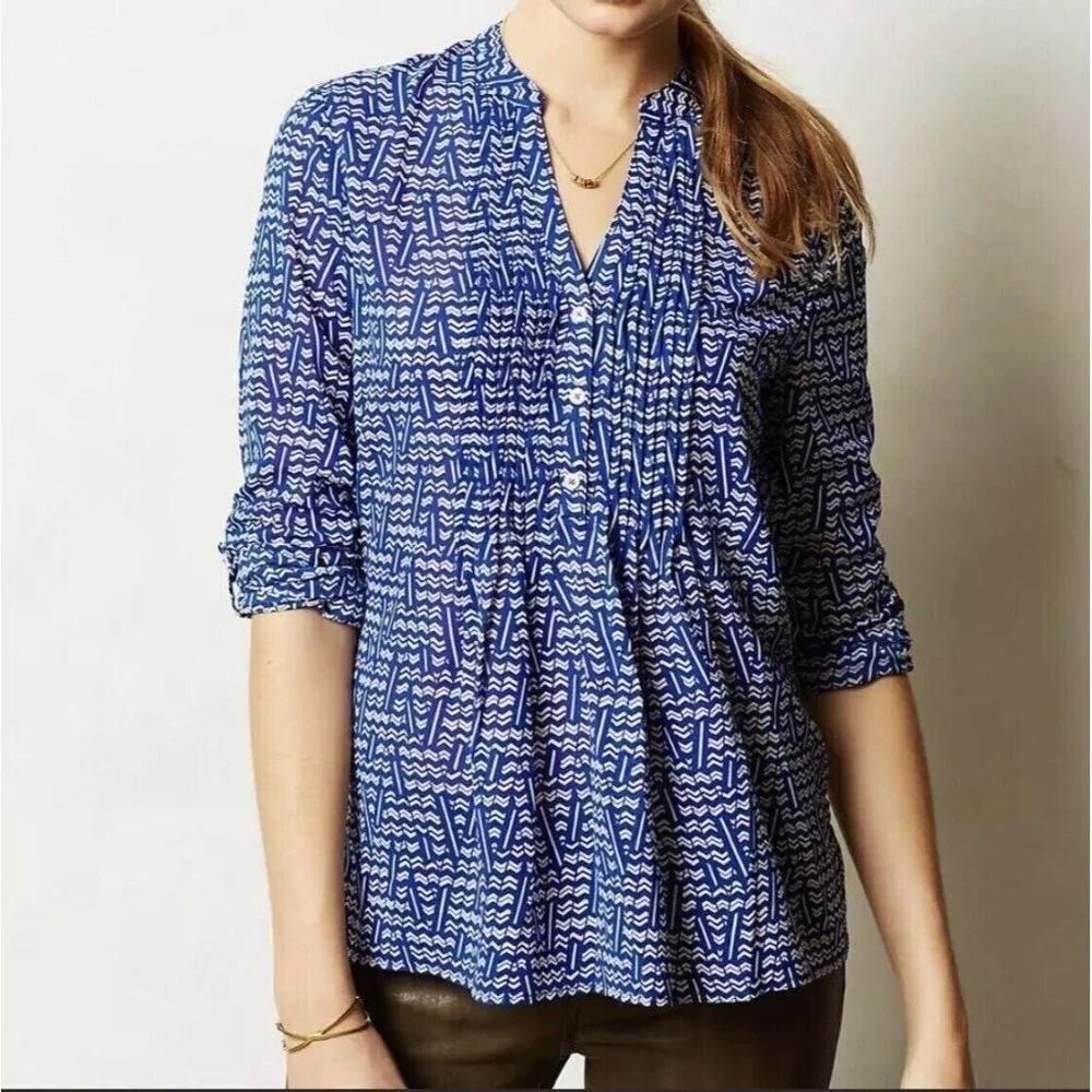 Anthropologie HD in Paris Tunic Blouse Womens 0 Blue White Printed Pintuck Boho